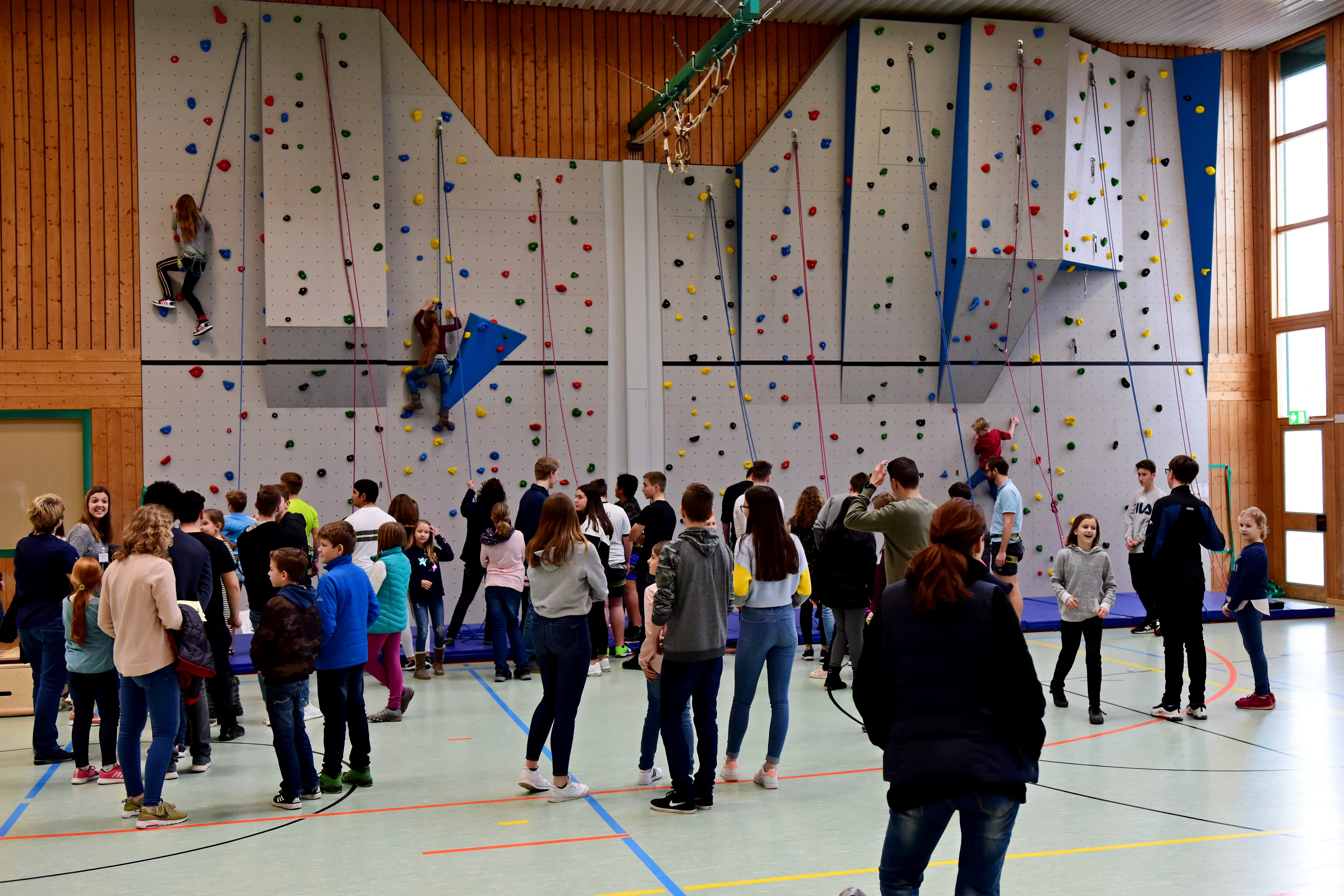 begeisterte Schüler an der Kletterwand
